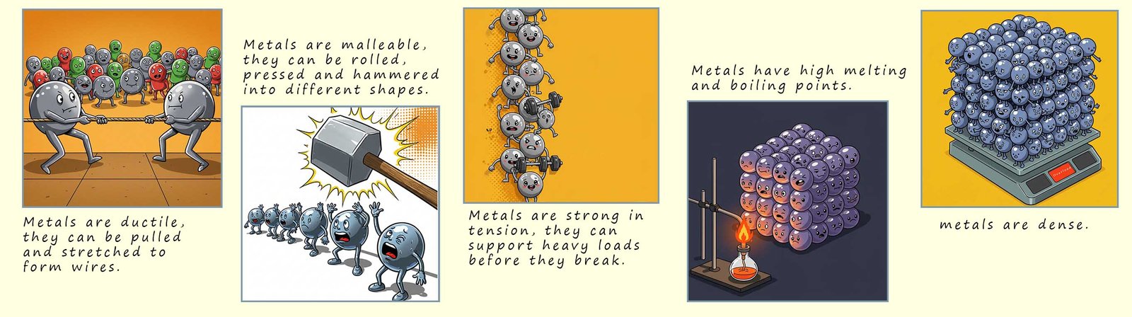 Image montage showing the properties of metals including high melting and boiling points, high densities and malleable and ductile